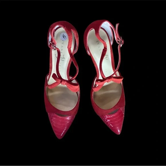 Red Leather Shoes, Pointy toe, bow, adjustable strap, size 6, fits like 6.5-7 - Picture 2 of 14